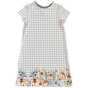 Dex Black & White Window Pane Shift Dress with Floral Print Trim / Size L